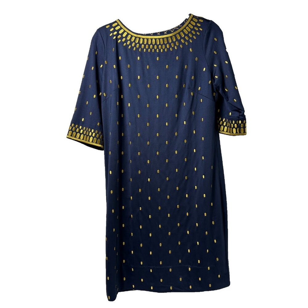 Gretchen Scott Rocket Girl Dress Size M Navy Gold Jersey Embroidered Old Money